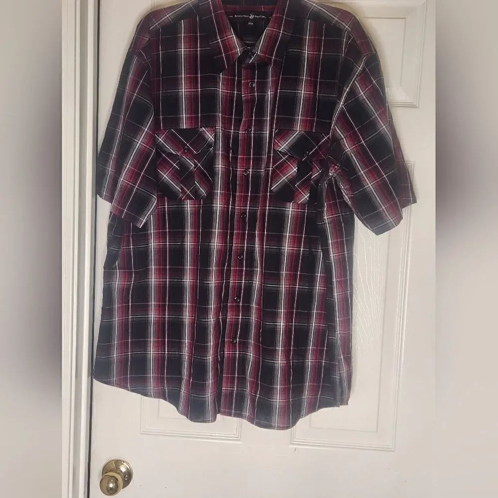 Beverly Hills Polo Club 4XLB Pockets ButtonUp BurgundyGrayPlaid ShrtSl Men Shirt